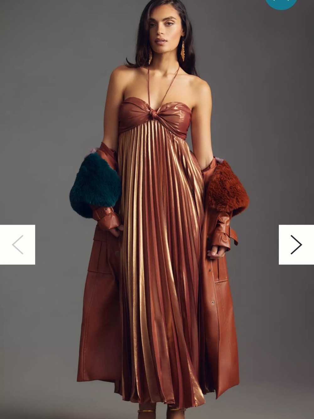 Anthropology Strapless Metallic Copper Pleated Maxi Dress